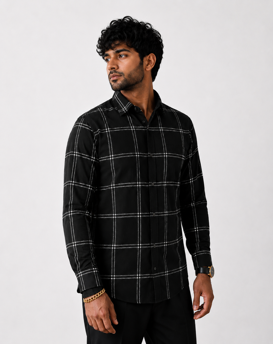 Men's Slim Fit Grid Check Shirt - Black