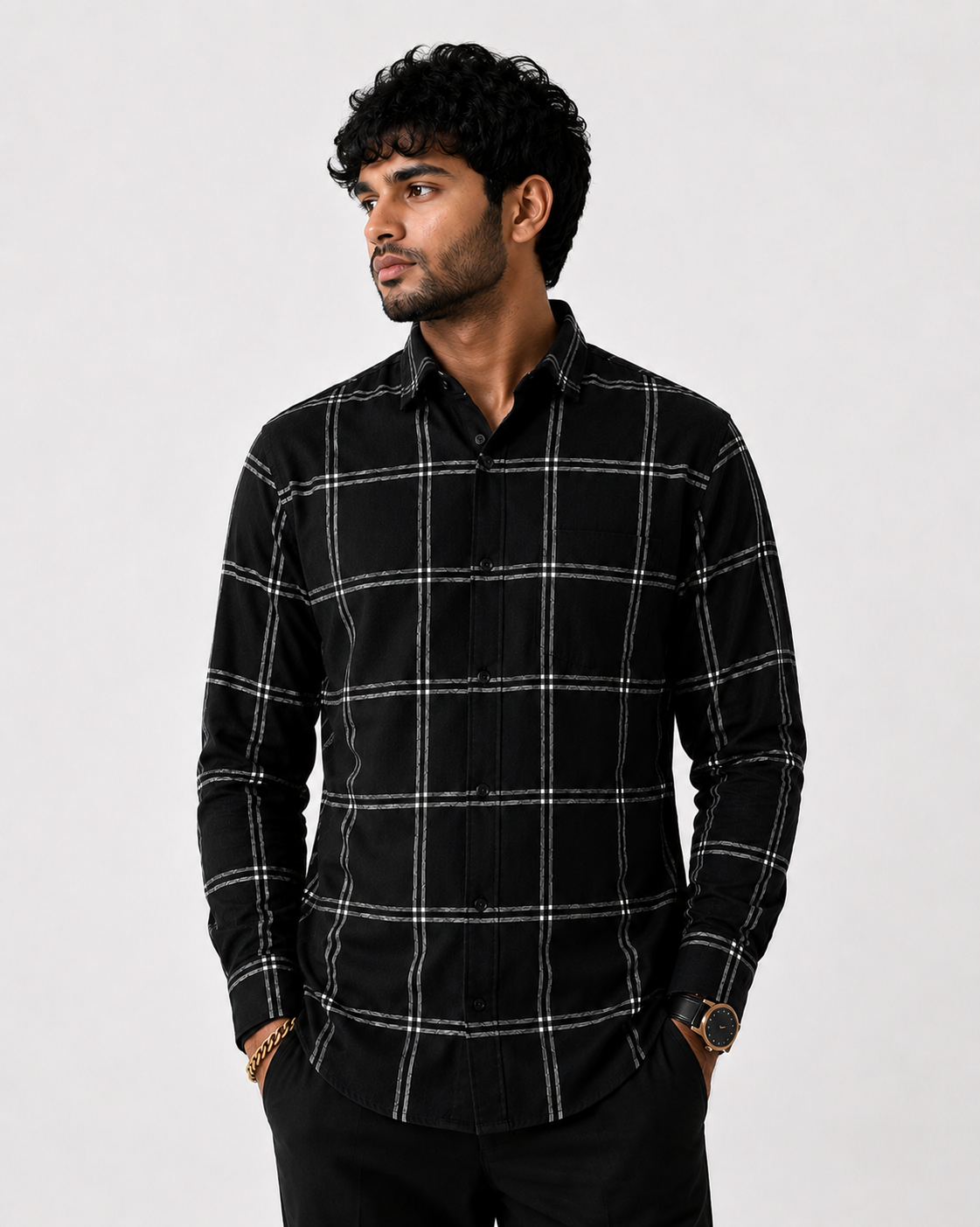 Men's Slim Fit Grid Check Shirt - Black
