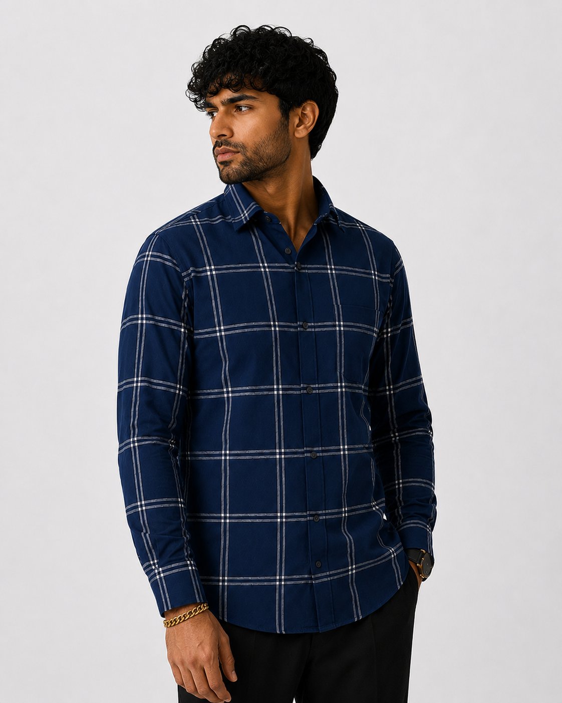 Men's Slim Fit Grid Check Shirt - Navy