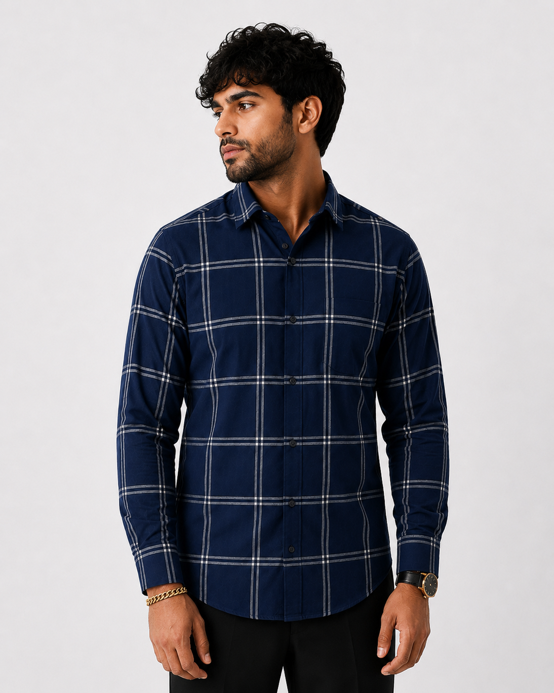 Men's Slim Fit Grid Check Shirt - Navy