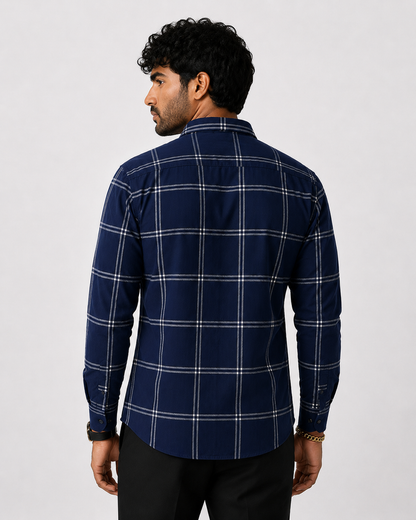 Men's Slim Fit Grid Check Shirt - Navy