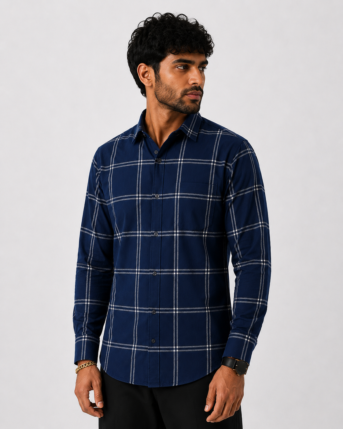 Men's Slim Fit Grid Check Shirt - Navy