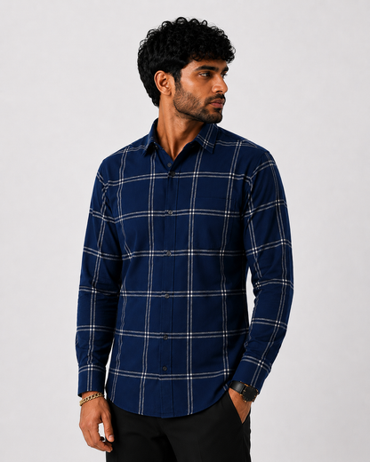 Men's Slim Fit Grid Check Shirt - Navy