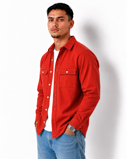 Full-Sleeve Utility Overshirt - Red
