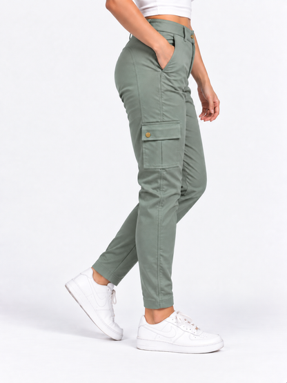 High Waisted Button Zipper Multiple Pockets Solid Skinny Cargo Pants - Sage Green