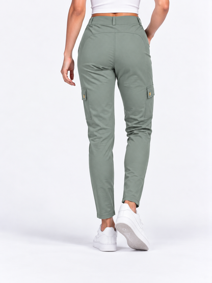 High Waisted Button Zipper Multiple Pockets Solid Skinny Cargo Pants - Sage Green