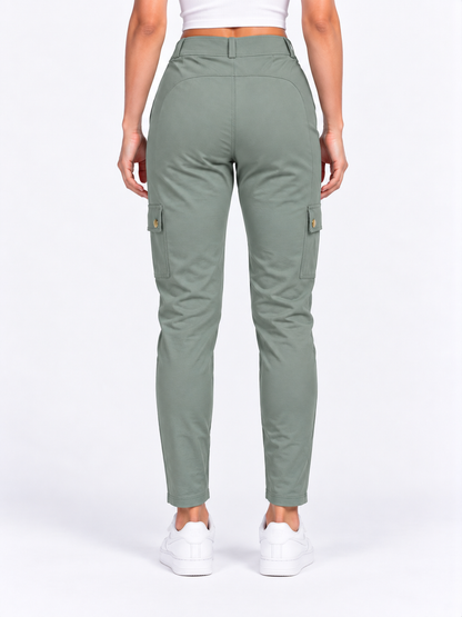 High Waisted Button Zipper Multiple Pockets Solid Skinny Cargo Pants - Sage Green