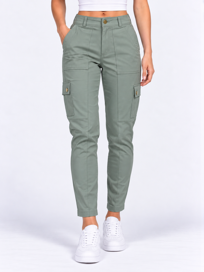 High Waisted Button Zipper Multiple Pockets Solid Skinny Cargo Pants - Sage Green