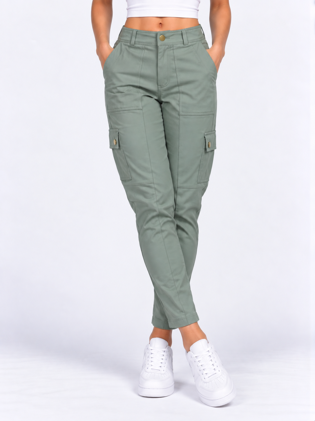 High Waisted Button Zipper Multiple Pockets Solid Skinny Cargo Pants - Sage Green