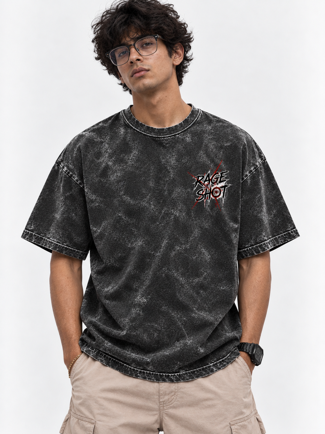 Rage Shot Oversized Tshirt - Acid Wash - Black