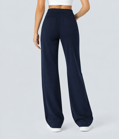 High Waisted Button Multiple Pockets Straight Leg Casual Pants - Navy