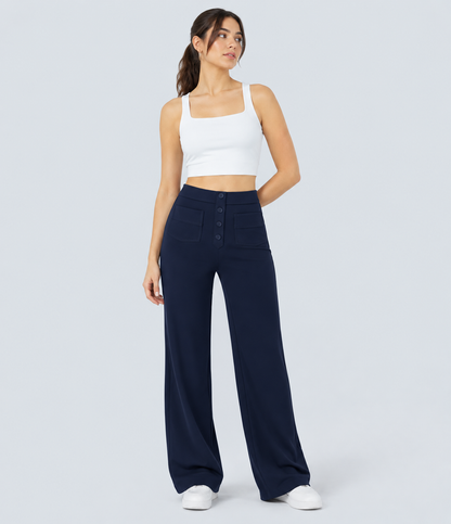 High Waisted Button Multiple Pockets Straight Leg Casual Pants - Navy