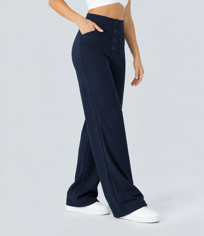 High Waisted Button Multiple Pockets Straight Leg Casual Pants - Navy