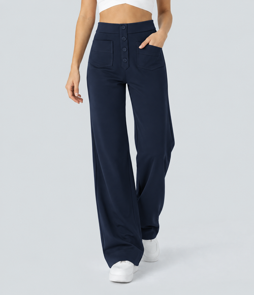 High Waisted Button Multiple Pockets Straight Leg Casual Pants - Navy
