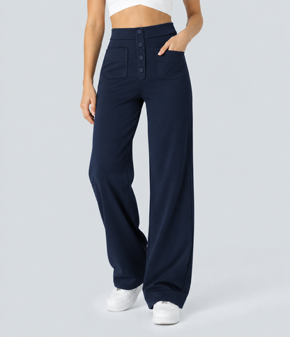 High Waisted Button Multiple Pockets Straight Leg Casual Pants - Navy
