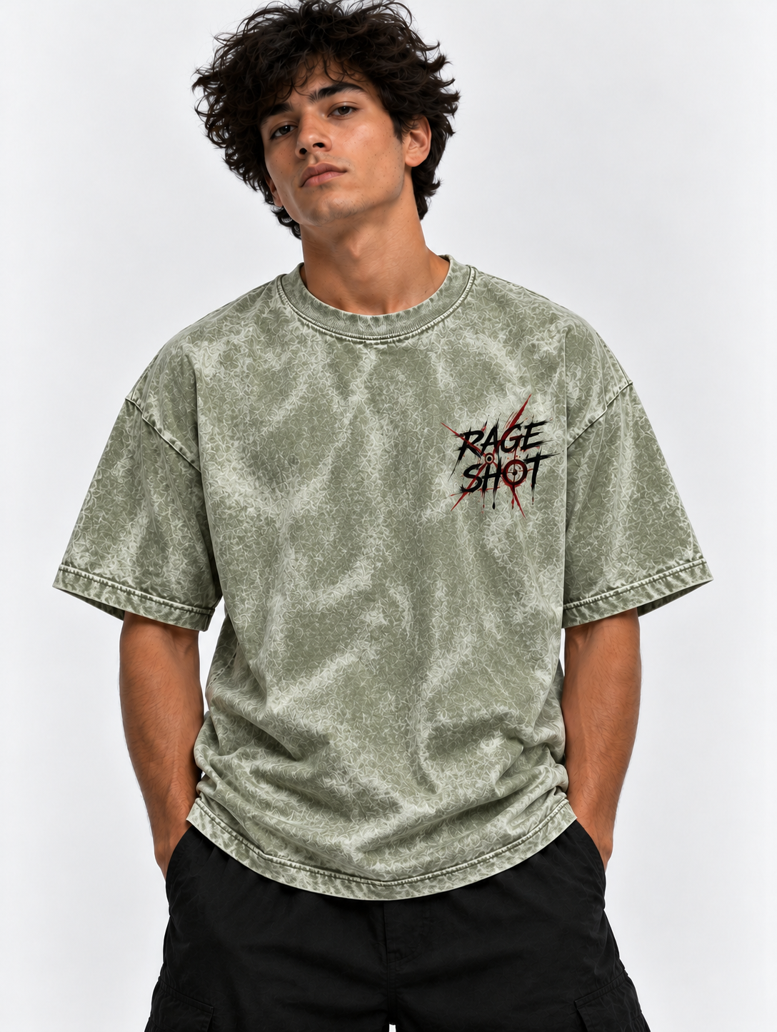 Rage Shot Oversized Tshirt - Acid Wash - Army Green
