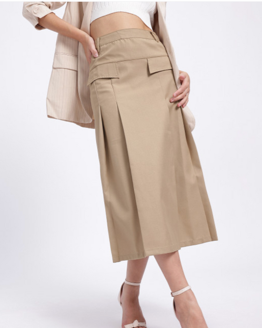 Pleated Mid-Rise Midi Flared Skirt with Mock Pockets - Khaki