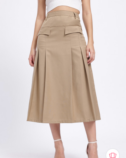 Pleated Mid-Rise Midi Flared Skirt with Mock Pockets - Khaki