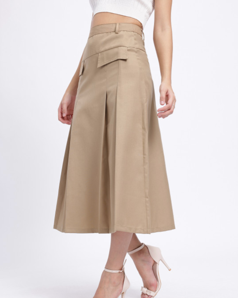 Pleated Mid-Rise Midi Flared Skirt with Mock Pockets - Khaki