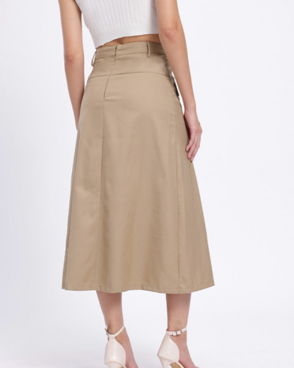 Pleated Mid-Rise Midi Flared Skirt with Mock Pockets - Khaki