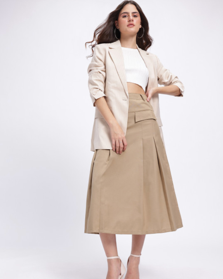 Pleated Mid-Rise Midi Flared Skirt with Mock Pockets - Khaki