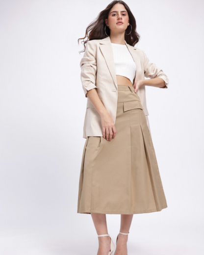 Pleated Mid-Rise Midi Flared Skirt with Mock Pockets - Khaki