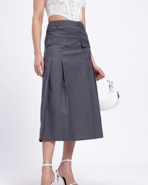 Pleated Mid-Rise Midi Flared Skirt with Mock Pockets - Dark Grey