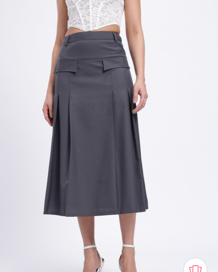 Pleated Mid-Rise Midi Flared Skirt with Mock Pockets - Dark Grey
