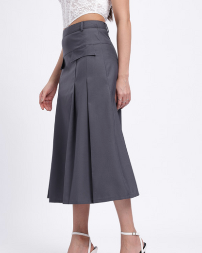 Pleated Mid-Rise Midi Flared Skirt with Mock Pockets - Dark Grey
