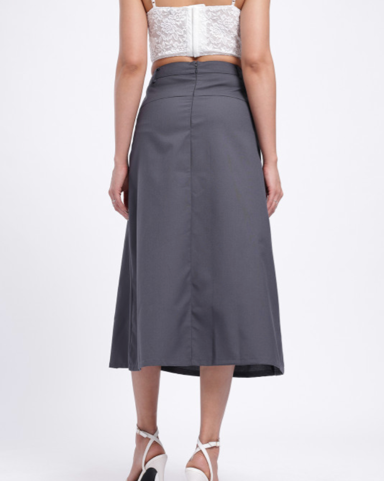Pleated Mid-Rise Midi Flared Skirt with Mock Pockets - Dark Grey