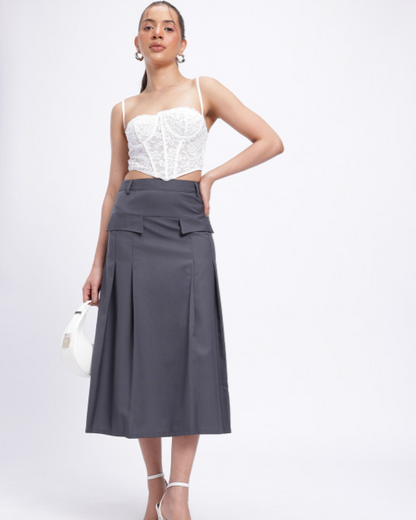 Pleated Mid-Rise Midi Flared Skirt with Mock Pockets - Dark Grey