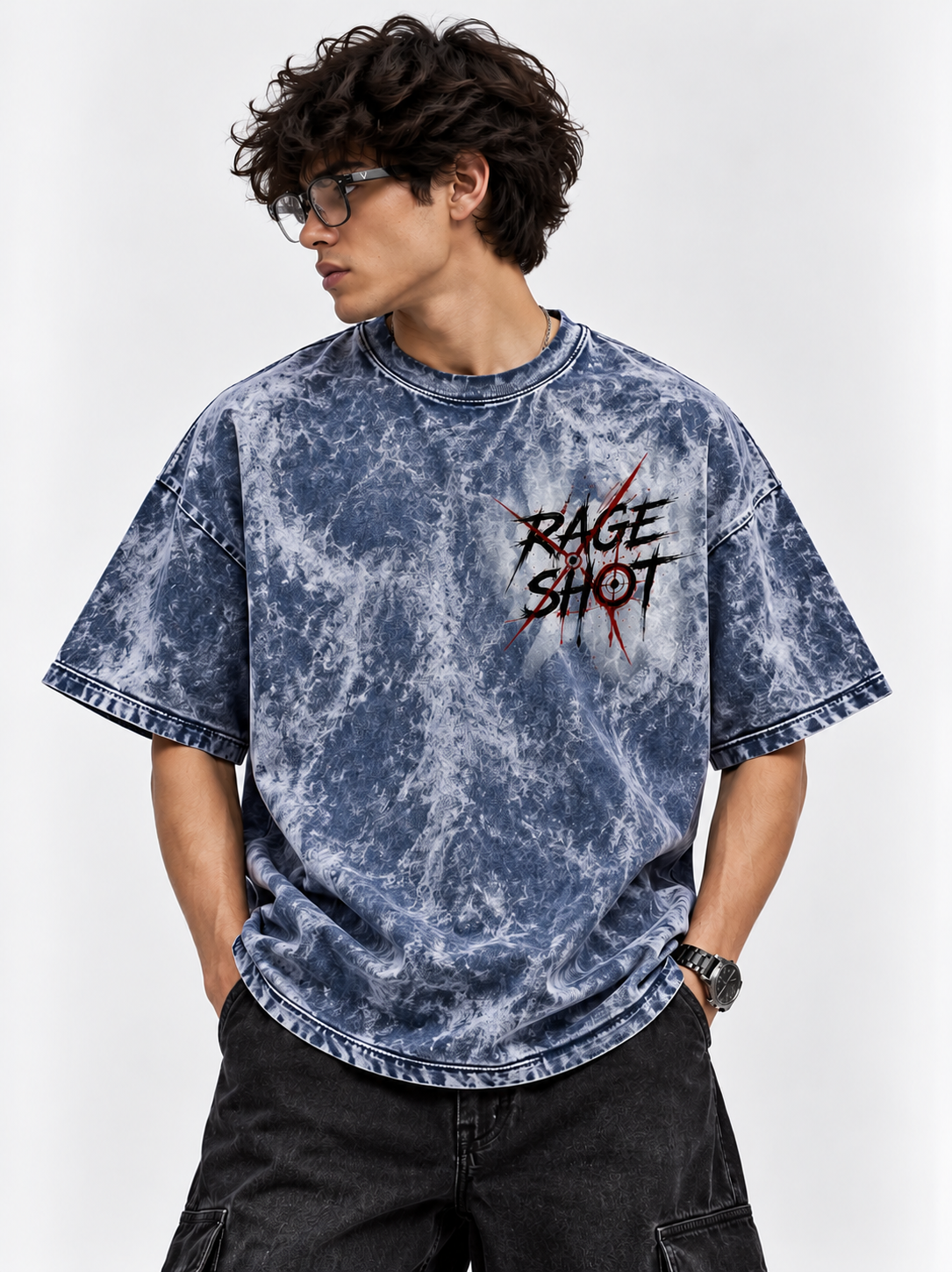 Rage Shot Oversized Tshirt - Acid Wash - Navy