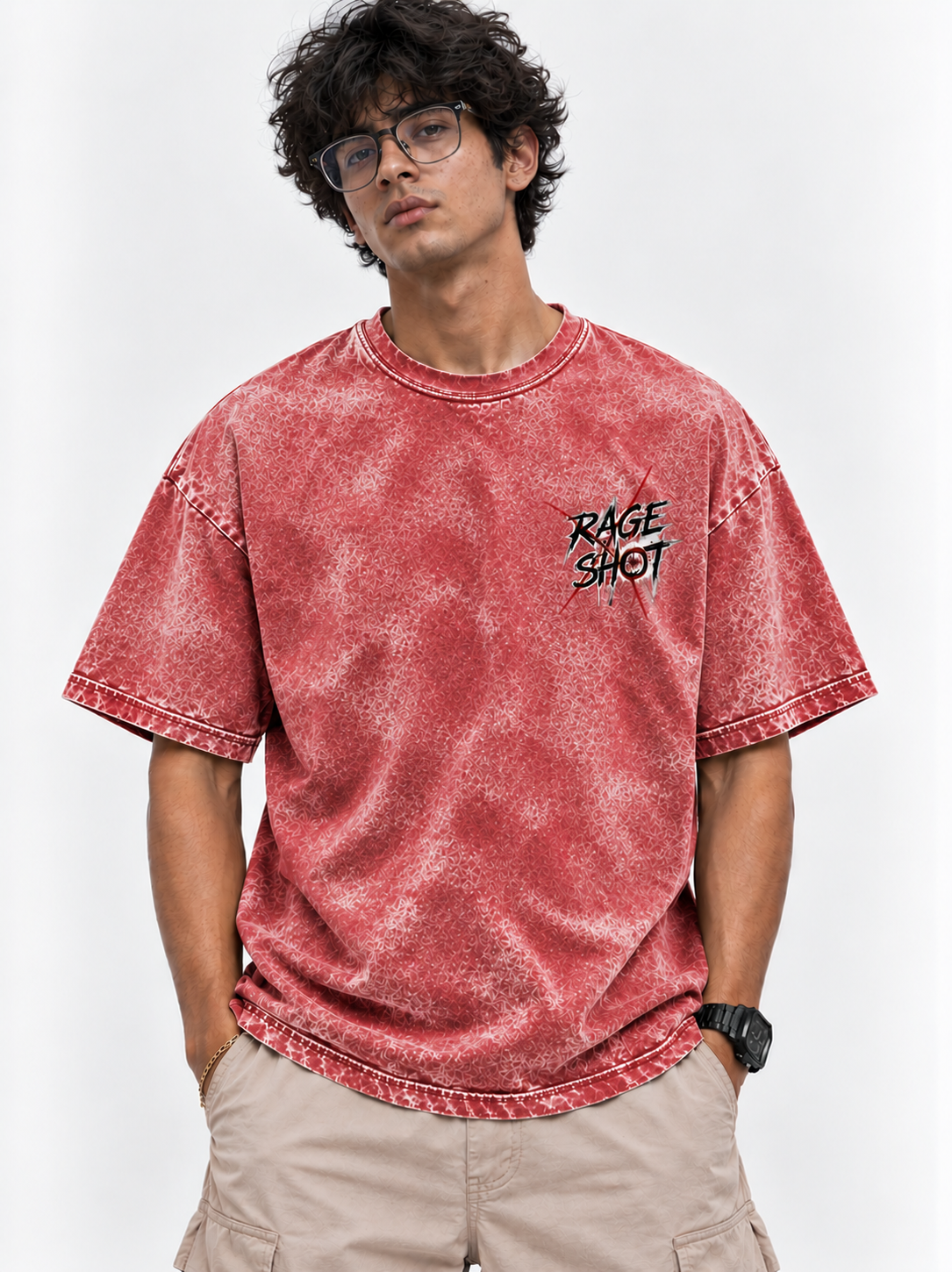 Rage Shot Oversized Tshirt - Acid Wash - Red